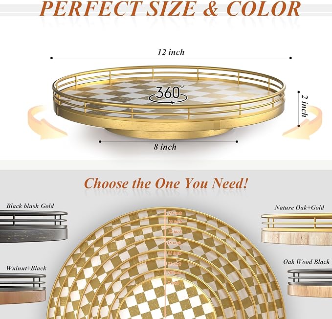 AMH 12-Inch Gold and White Checkerboard Lazy Susan with Metal Rail | Smooth rotating oak tray with walnut finish for dining tables, kitchen counters, pantries and cabinet storage.
