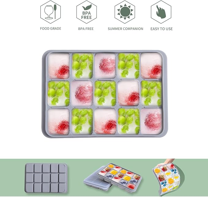 Tvmania Ice Cube Trays Set of 2, 15-Cube Silicone Molds with Removable Lids | Stackable, easy release, BPA-free, reusable, for freezer and whiskey