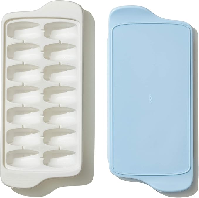 OXO Good Grips Flexible Ice Cube Tray with Lid - 2 Pack, Blue & White | Spill-Proof Lid, Freezer Storage, Kitchen Accessory, Twist To Release, Easy For Stacking, Dishwasher Safe