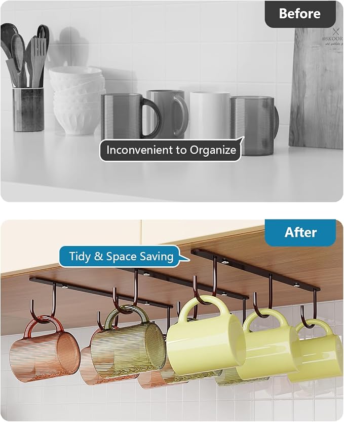 3 Pack Mug Hooks Under Cabinet with 9 Hooks for Displaying Mugs, Brown | Coffee Mug Holder for Hanging Under Shelf, Cup Hanger, Coffee Cups and Kitchen Utensils