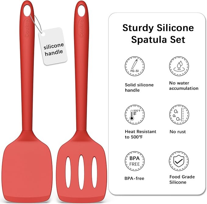 Coukre 2 Pack Silicone Spatula Set,High Heat Resistant, BPA-Free | Dishwasher Safe Kitchen Spatula for Nonstick Pans, Solid & Slotted Turners for Cooking, Sautéing, and Flipping, PureRed