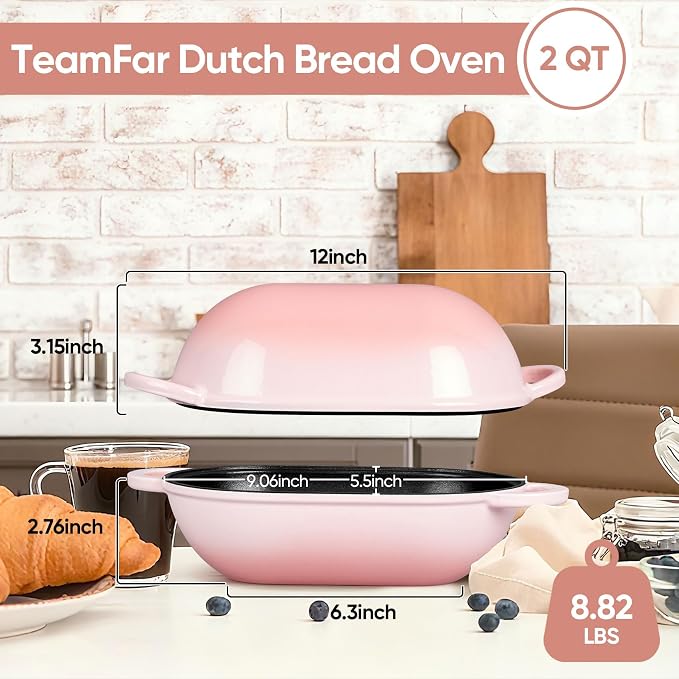 TeamFar Enameled Cast Iron Bread Loaf Pan, 2 QT Oval Dutch Oven with Lid | for Sourdough Bread Baking, Enameled Meatloaf Loaf Baking Pan with Lid, Even Heat Distribution & Self-Basting, Pink