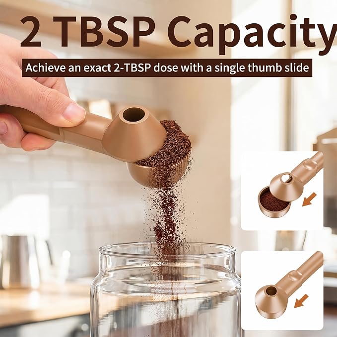 2 Pcs Coffee Scoop with Funnel for Reusable K Cup, 2 TBSP Measuring Spoon | Mess-Free Funnel Design, Sliding Leveler for Precise 2 TBSP, Long Handle for Ground Coffee, Protein Powder & Tea