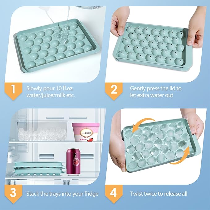 Ice Cube Tray with Lid and Bin, 0.8" Round Ice Trays for Freezer | 2 Blue Ice Cube Trays with Ice Box & Scoop, 0.8" Round Ice Balls for Iced Coffee & Juice, Easy Twist Release, For Gatherings