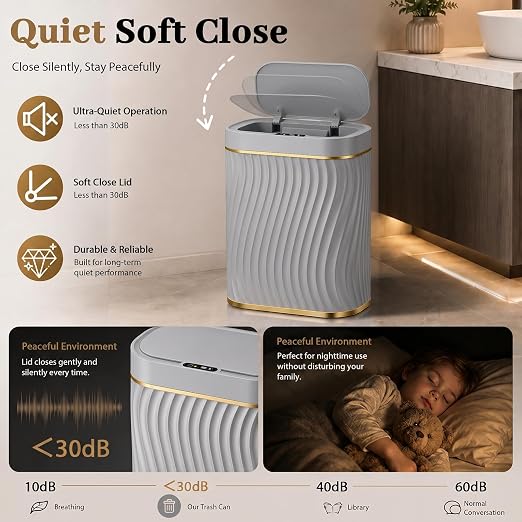 2.6 Gallon Automatic Bathroom Trash Can with Touchless Lid, Grey Gold | Motion Sensor Trash Can with Slim Waterproof Body; Small Plastic Garbage Can, hands-free lid for Bedroom, office, and kitchen