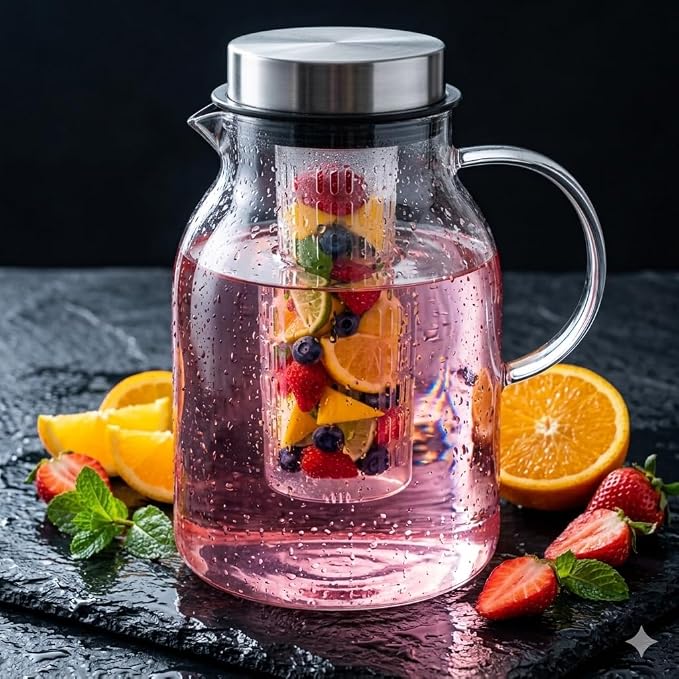 Glass Fruit Infuser Water Pitcher, Heat Resistant for Hot/Cold Use, Great Iced Tea Pitcher | Tranquil Collection, 2 Qt