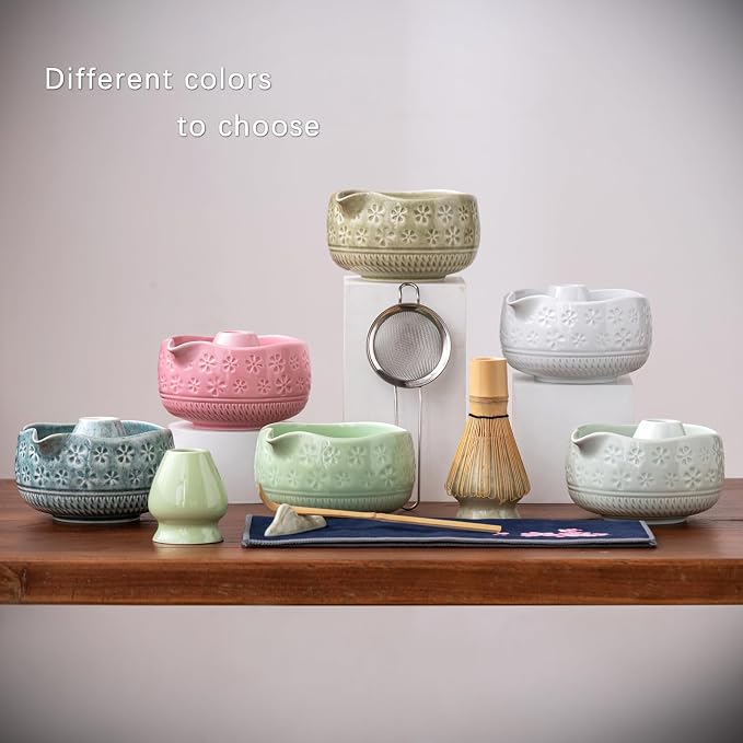 Buucup Matcha Whisk Set, Ceramic Kit with Bowl & Bamboo Accessories | 7-piece set includes ceramic bowl, bamboo whisk, scoop, holder, rest, sifter and tea towel. Great for beginners and gifts.