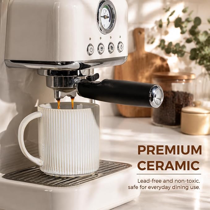 theterra Ceramic Coffee Mugs Set of 6, 14.2 oz Coffee Cups with Handle | Handmade, Suitable for Latte, Tea, Milk, Beer & Hot Cocoa, Reactive White