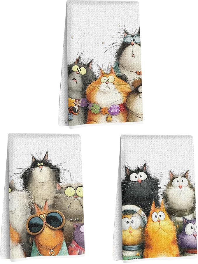 3 Pcs Cute Cat Kitchen Towels, Funny Cats Gifts Absorbent Hand Towels-01 | Cat Dish Cloths for Drying Dishes, Cats Waffle Dish Towels for Kitchen Home Bathroom Decor, Cat Lover Gifts for Women Mom