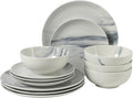 Gibson Home Cloudlight 12 Piece Plates and Bowls Dishes Blue and White - Decorated Porcelain Ceramic Dinnerware Set - Service for 4