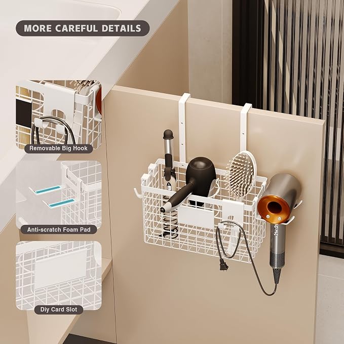 Magheo Hair Dryer Holder Cabinet Door 3-in-1 Adhesive Hair Tool Organizer Wall Mounted Adjustable Height Blow Dryer Holder Under Sink Bathroom Hair Appliance Organizer and Storage Countertop(White)