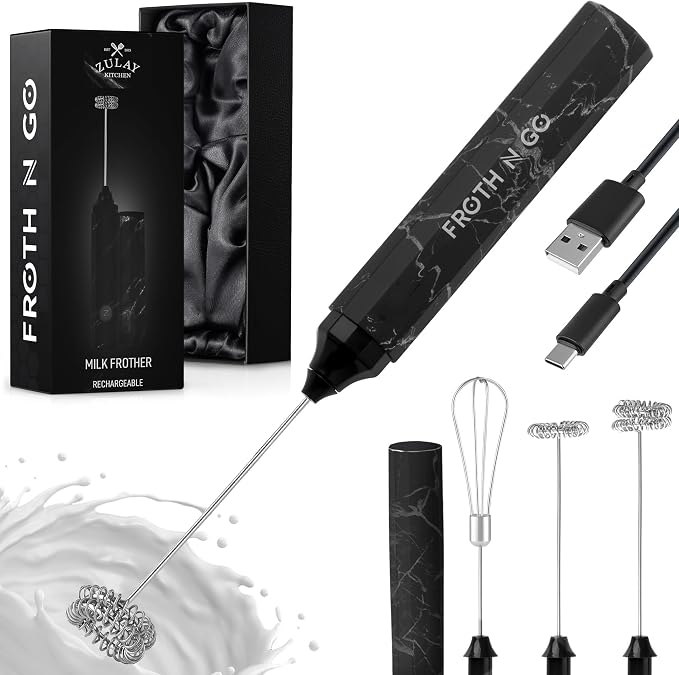 Zulay Froth N Go Milk Frother – Rechargeable 3-in-1 Handheld Frother Wand with Travel Case & USB-C Charger – Single, Double & Egg Whisk for Latte, Cappuccino, Matcha, Protein Shakes - Forge Marble