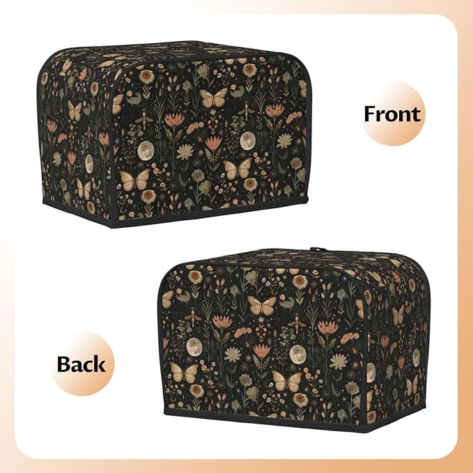2 Slice Toaster Cover Vintage Butterfly Moon Flower Dust Proof Washable Kitchen Appliance Cover with Pocket, Oxford Fabric Countertop Toaster Protector for Standard Toasters Small Appliances