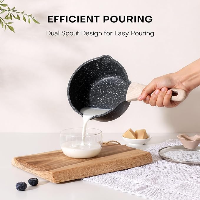 Kordisen Sauce Pan Set with Lid, 1.5Qt & 2.5 Qt Nonstick Cooking Pots with Pour Spout, Easy to Clean, Small Kitchen Induction Saucepan with Granite Coating, PFOA/PFOS Free (Black)