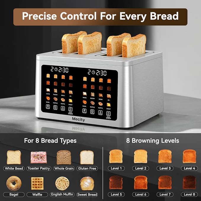 Mecity 4 Slice Toaster Wide Slot, Auto Lift Keep Warm Smart Toaster with Touch Screen, Dual Control Panel, Defrost, Auto Shut Off Digital Toasters for Bagel Muffin Waffle Gluten Free Breads 1700W 120V