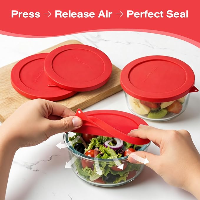 Silicone Lids Replacement for Snapware 7201R 4 Cup Round Glass Storage Containers (Containers Not Included) (Red - 4 Pack)