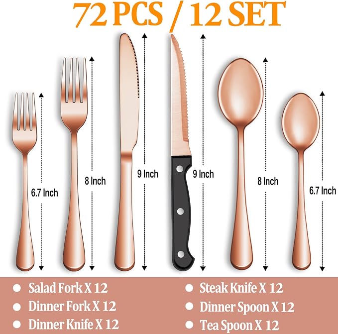 72 Pcs Rose Gold Silverware Set with Steak Knives, Stainless Steel Flatware Cutlery Set for 12, Kitchen Tableware Sets, Utensil Sets for Home and Restaurant, Dishwasher Safe