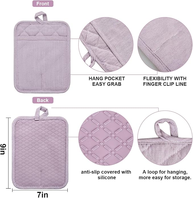 Pot Holders Yarn-Dyed Set of 3 Non Slip Silicone Kitchen Lines | Heat Resistant 500℉ Kitchen Gloves BBQ Baking Women Men Cooking Barbecue Microwave Machine Washable (Purple Potholders)