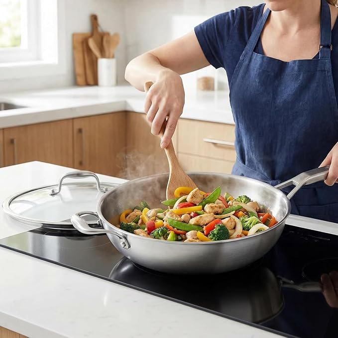 Inqibee 14 Inch Stainless Steel Wok Pan with Lid, Detachable Handle | Uncoated Tri-Ply Stainless Steel Stir Fry Pan, Everyday Cooking Wok for Induction, Flat Bottom, Dishwasher & Oven Safe