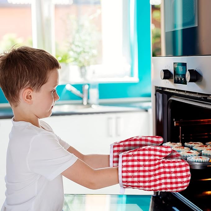 2Pcs Oven Mitts for Play Kitchen, Anti- Scald Gloves Microwave Oven Gloves Kitchen Mitts for Safe Baking Cooking (Red Checkered)
