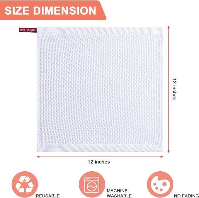 Kitchen Towels 6-Pack Kitchen Dish Cloths,100% Cotton,12x12 In,White | Towels Waffle Weave,Ultra Soft Absorbent, Quick Drying