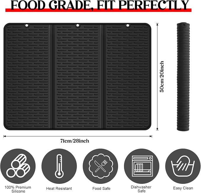 Suclain Stove Top Cover for Electric Stove 28" x 20" Foldable Glass Cooktop Protector Black Flat Silicone Mat Induction Ceramic Cooktop Oven Top Cover Dish Drying Mat for Christmas gifts
