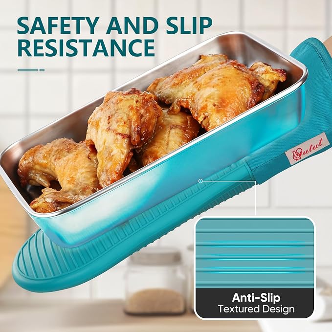 YUTAT Silicone Oven Mitts,High Heat Resistant Up to 500 Degrees,Waterproof Cooking Gloves with Soft Polyester Filling,Kitchen Potholder Set - Perfect for BBQ, Baking and Cooking,Green,2 Pcs Set