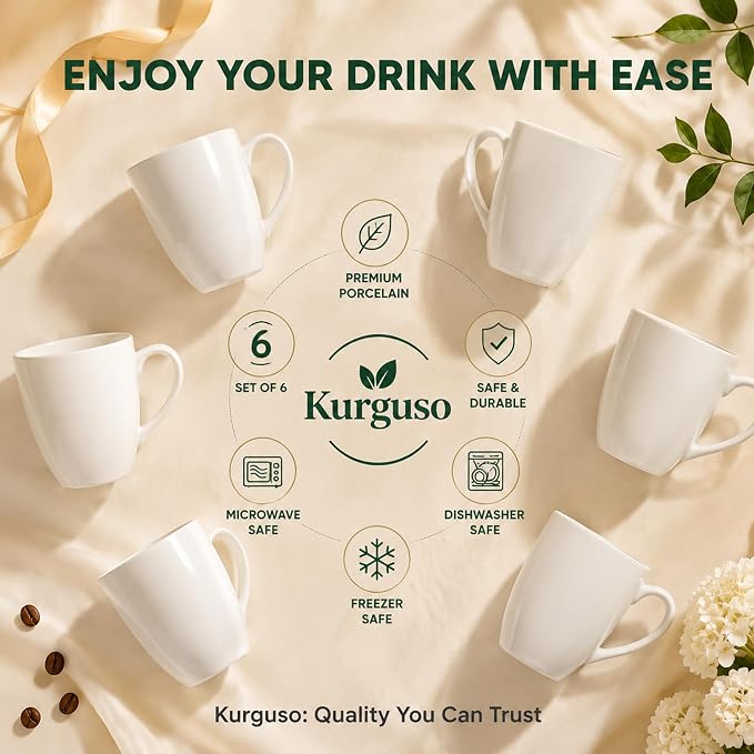 White Porcelain Coffee Mugs Set of 6, 13 Ounce Coffee Cups with Handle, Ceramic Tea Mugs for Latte, Hot Tea, Cappuccino, Mocha, Cocoa, Mug Gift Set, Dishwasher and Microwave Safe