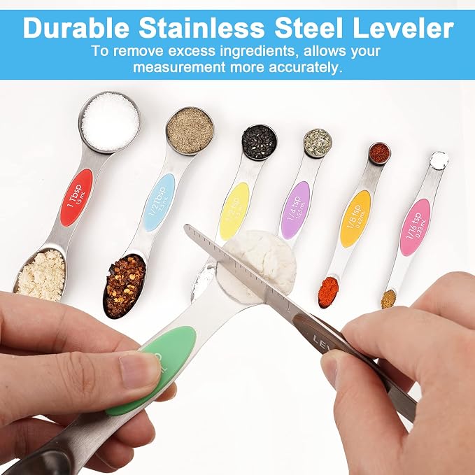 Aovchei 8 pcs Multi-Color Magnetic Measuring Spoons Set | Dual Sided, Stainless Steel Small Tablespoon, Teaspoons, Fits in Spice Jars, for Dry and Liquid