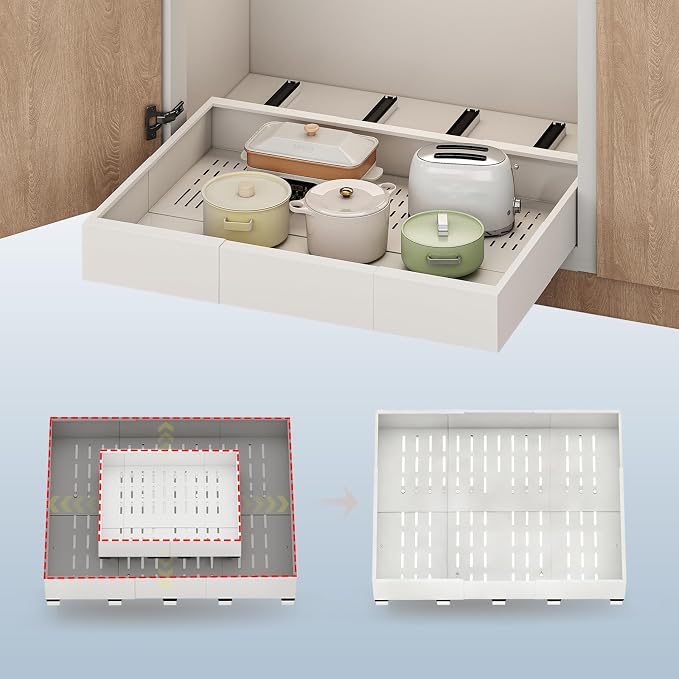 Fokyfok Pull Out Cabinet Organizer,23"-31"W,17"-24"D,Expandable,Adhesive | No Drill,5 Rails,Roll out Drawers,Adjustable Slide out Shelves for Kitchen,Pantry,Framed and Framless Cabinets,White,1PC