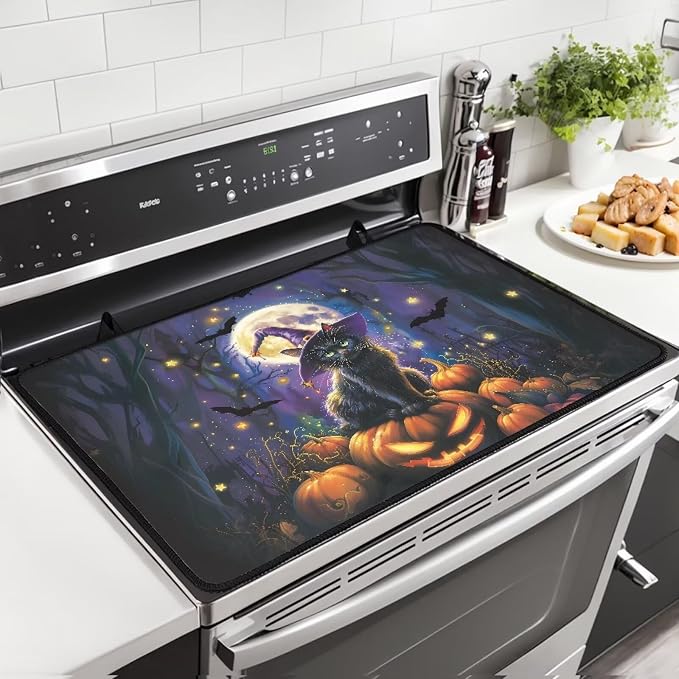 Dark Halloween Cat Pumpkin Cover for Stove Top, Heat Resistant Silicone Stove Mat, Non-slip Ceramic Glass Electric Stovetop Cover, Cute Dish Drying Mat, Halloween Gifts for Family