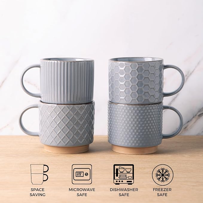 GBhome 15 OZ Stackable Coffee Mugs Set of 4, Ceramic Coffee Cups Set | 4 Assorted Designs, Embossed Mugs with Texture Patterns for Tea/Coffee, Dishwasher&Microwave Safe, Gray