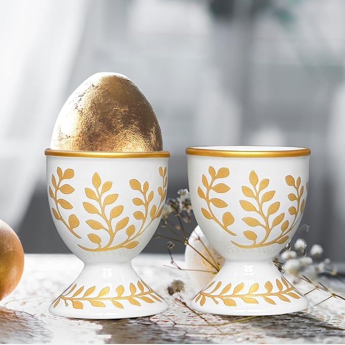 Cinf Ceramic Egg Cups, Set of 2, Champagne Gold Boiled Egg Holders | Set of 2 ceramic egg cups, elegant champagne gold stable base, easy to clean, ideal for boiled eggs and breakfast serving