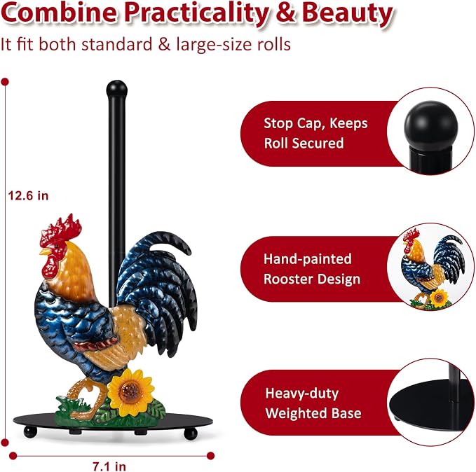 Rooster Paper Towel Holder Countertop for Kitchen, Farmhouse Chicken Decor | Sunflower & Chicken Farmhouse Kitchen Decor and Accessories, Rustic Housewarming Gifts, Roll Dispenser with Weighted Base
