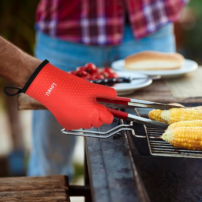 Silicone Oven Mitts Gloves - Heat Resistant, Non-Slip for BBQ, Grilling | 450°F Double-Layer｜Waterproof Kitchen Cooking Barbecue Mittens ｜5 Finger Hot Mitt for Baking, Smoker& Cast Iron(Small)