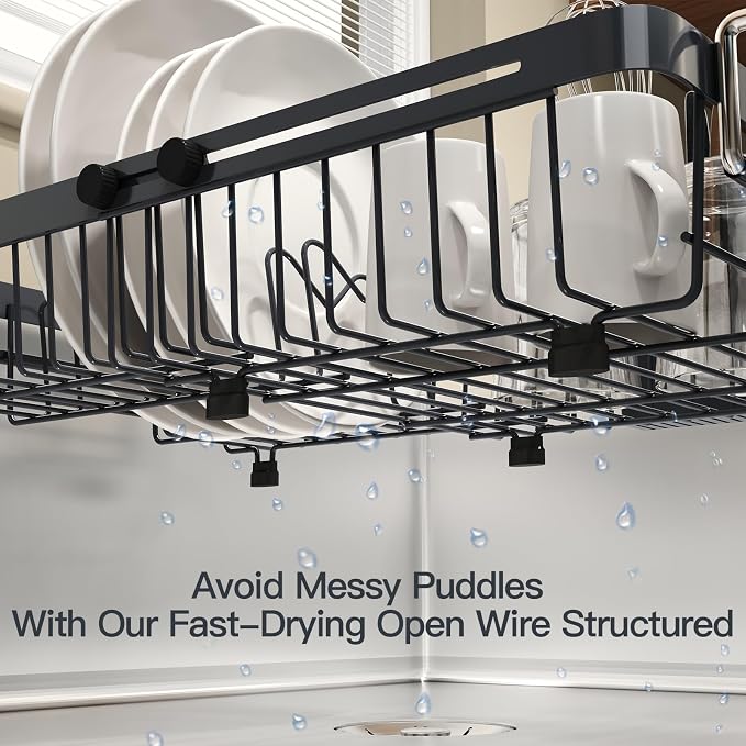 Grey Dish Drying Rack Over The Sink with Utensil Holder, Mat | Expandable Stainless Steel Dish Drainer for Small Kitchen, Apartment, RV, Counter Space Saving, Perfect Fit, Rustproof