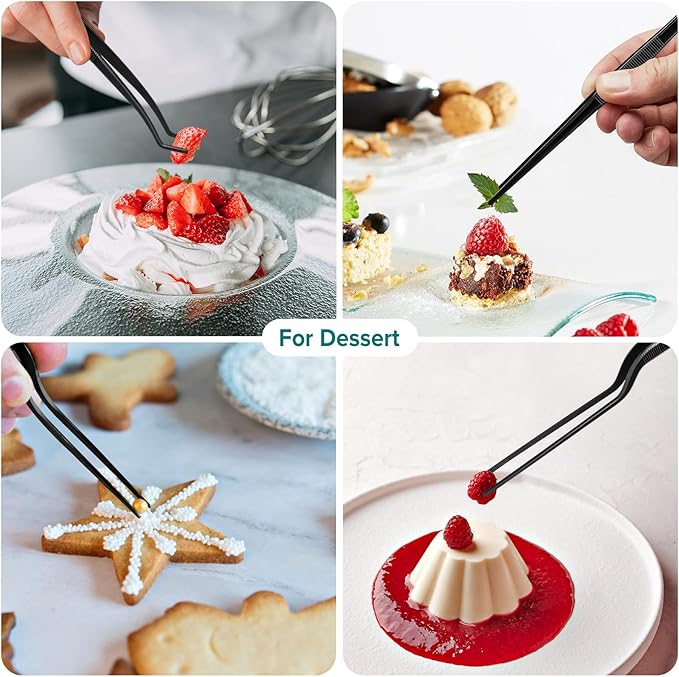 Kitchen Tweezer Tongs Set for Chef Food Plating, 6 Pcs, 8", Black | Stainless Steel, Small Chef Food Culinary Bar Thin Skinny Tweezers Tongs, Cooking Tweezers Set, For Baking Decorating Feeding