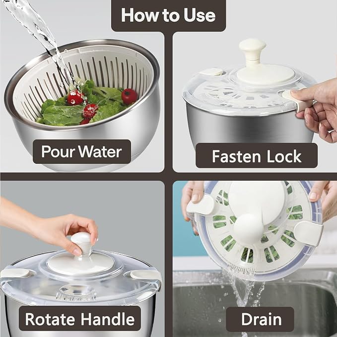 Large Stainless Steel Pump Salad Spinner with Drain Lettuce Spinner with Strainer Fruit Cleaner |Vegetable Washer Salad Cleaner, Non-Slip Base Dishwasher Safe