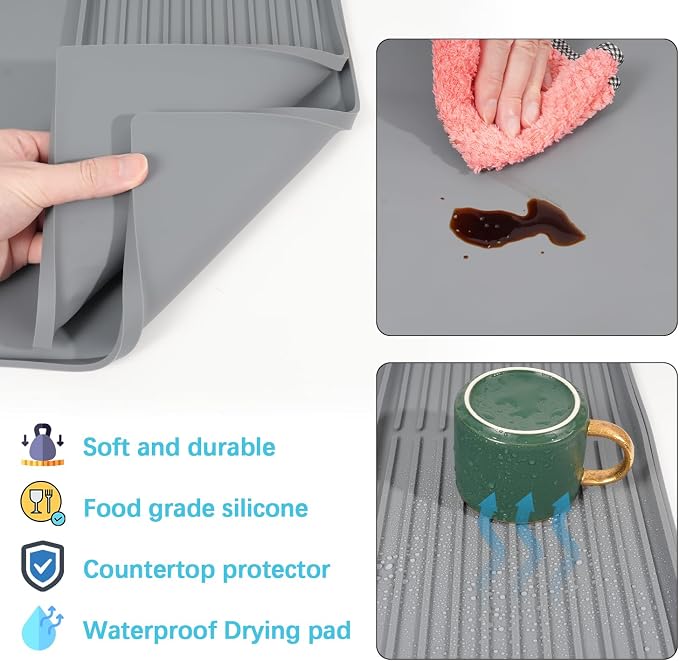 Golener Coffee Bar Mat Set, Silicone Coffee Mat with Raised Edges, 24"x16" | Coffee Mat for Countertop, Waterproof Coffee Station Mat, Dish Drying Mat Under Rack, Heat Resistant Coffee Machine Mat, Gray