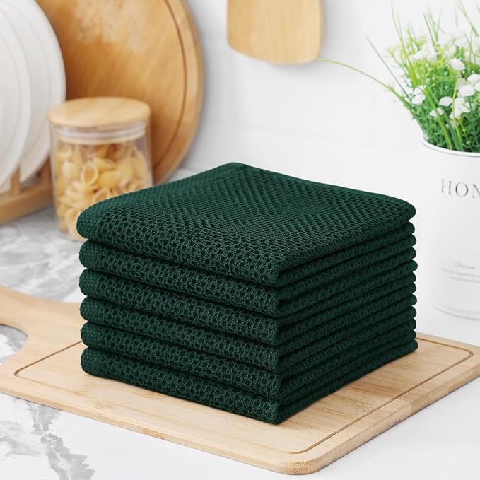 Kitinjoy Cotton Waffle 8-Pack Kitchen Towels, 12" x 12", Blackish Green | Ultra Absorbent, Super Soft, lightweight, Quick Drying Dish Rags for Washing Dishes