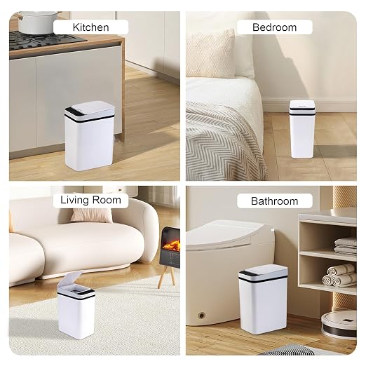 2 Pack Bathroom Trash Can with Lid, 2.5 Gallon Small Slim Trashcan, Automatic Trash Can Touchless, Motion Sensor Waterproof Plastic Trash Bin for Bedroom Kitchen Office Living Room (White)