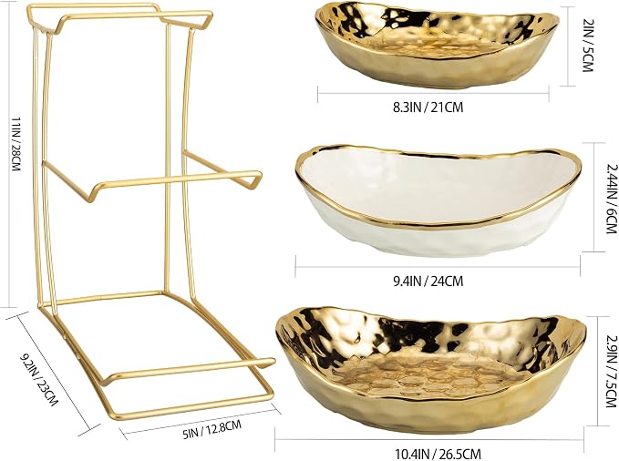 3-Tier Gold Fruit Bowl & Tray with Metal Stand - Ceramic White, Triple Layer for Snacks, Nuts, Bread & Candy Storage
