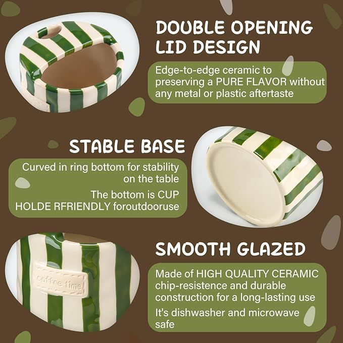 2 Pack Ceramic Mug with Sip Hole, Simple, Green, Brown | 10oz Ceramic Coffee Cup with Straws, Retro Hand Painted Striped, for Iced Coffee Tea Latte Espresso, Kitchen Dining Travel
