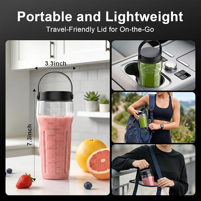 Portable Blender for Smoothies & Shakes, 17oz Personal Blender with 6 Stainless Steel Blades, USB-C Rechargeable, LED Display, Compact Travel Juicer with Extra Lid for Gym, Office & On-the-Go, Black