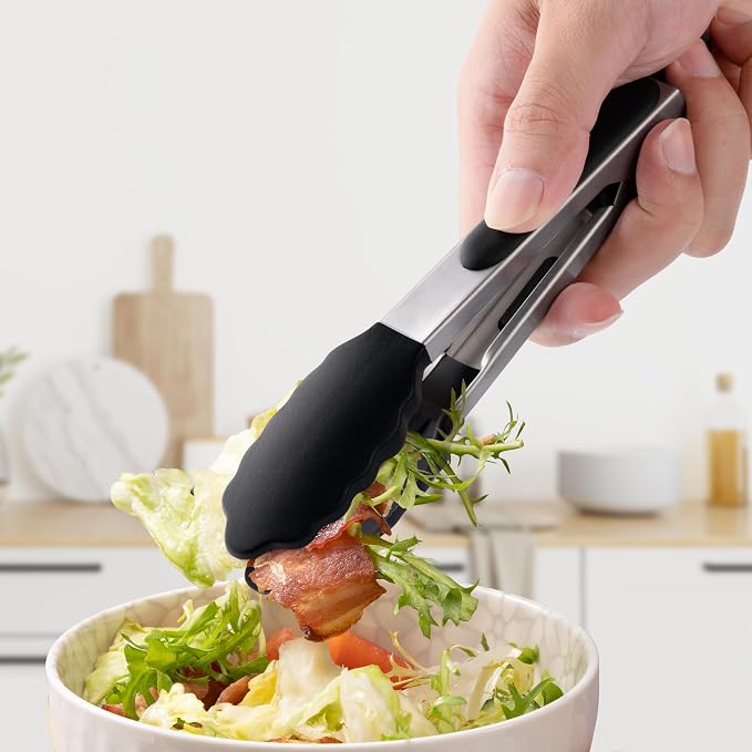 7-Inch Kitchen Tongs Set of 3, Cooking Tongs with Silicone Tips | For Cooking/Serving/Grilling | Heat-Resistant | Food-Grade Material | Dishwasher Safe | Black/White/Gray