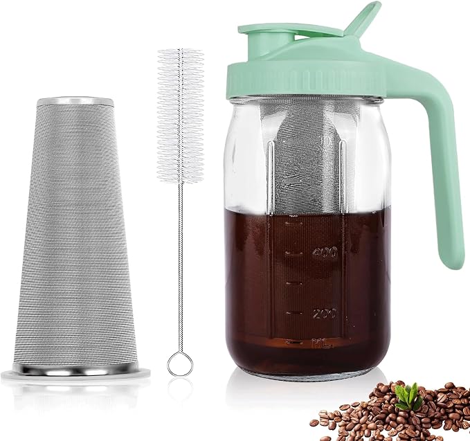 Cold Brew Coffee Maker, 32 oz Mason Jar Pitcher with Stainless Steel Filter, Pour Spout Handle Lid, Heavy Duty Glass Airtight & Leak-Proof for Iced Coffee,Tea & Lemonade