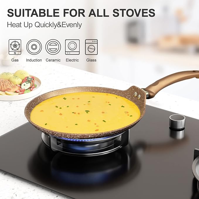 Innerwell 11 Inch Nonstick Crepe Pan,Granite Coated Pancake Pan-Gold | Granite nonstick coating, PFOA-free.Works on gas, electric, ceramic & induction. Easy-release & easy-clean.