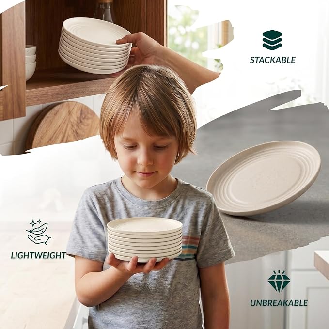 Small Plates | 5.7 Inch Lightweight & Unbreakable Wheat Straw Plates | Mini Dessert Plate Set, Microwave & Dishwasher Safe Set of 8 -Beige