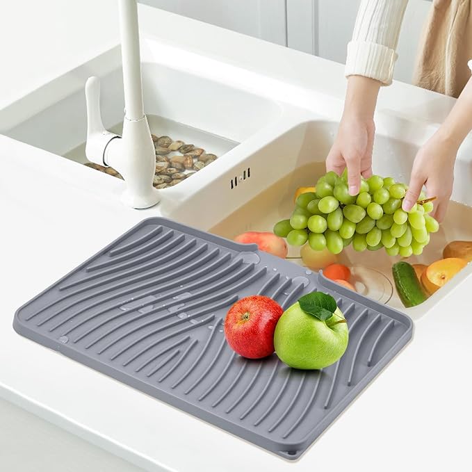 TIKNIK Silicone Dish Drying Mat for Kitchen Counter, Grey-1pcs, 20" x 15" | Heat Resistant & Non-Slip Dish Drain Pad with Built-In Drain, Dishwasher Safe, Quick-Dry, Hangable & Roll-Up for Storage