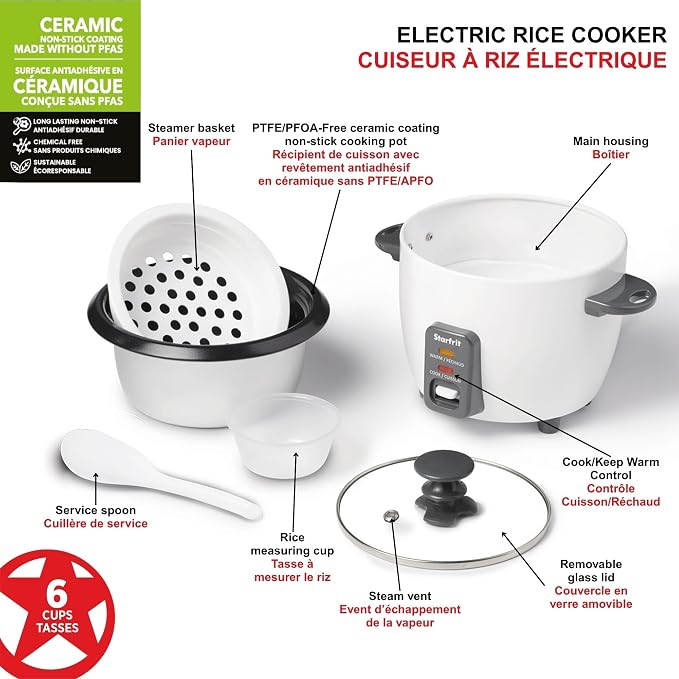 Starfrit Electric Rice Cooker, 6 Cups, Ceramic Nonstick, 300W | Makes up to 6 cups. Cook & keep warm. Ceramic nonstick pot. Steamer basket included. 300W performance.